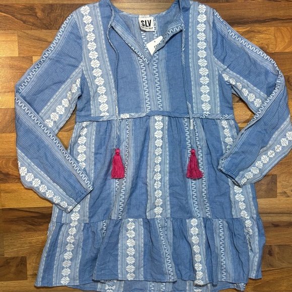 sur la vague Dresses & Skirts - SLV Sur La Vague Blue Embroidered Boho Dress Tassel Detail  Medium cottage core